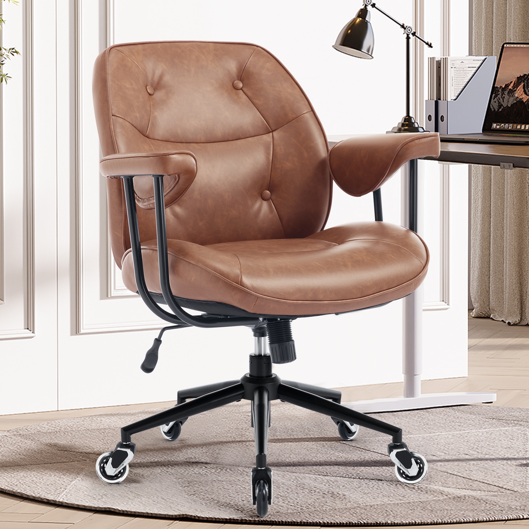 Home Office Desk Chair Retro Leather Chair With Lumbar Support &Rubber Wheels, Mid Back Ergonomic Computer Chair Swivel Rolling Work Chair_voghion.com
